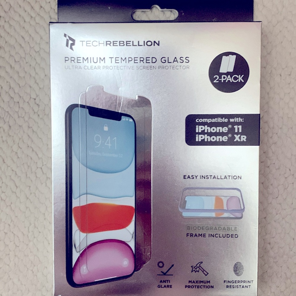 NIB Tech Rebellion ( Premium Tempered) Screen Protectors (2-pack) box